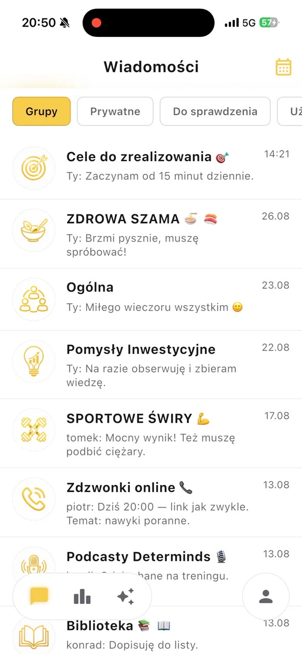 Aplikacja Determinds — ekran wiadomości i celów tygodniowych, demo wideo