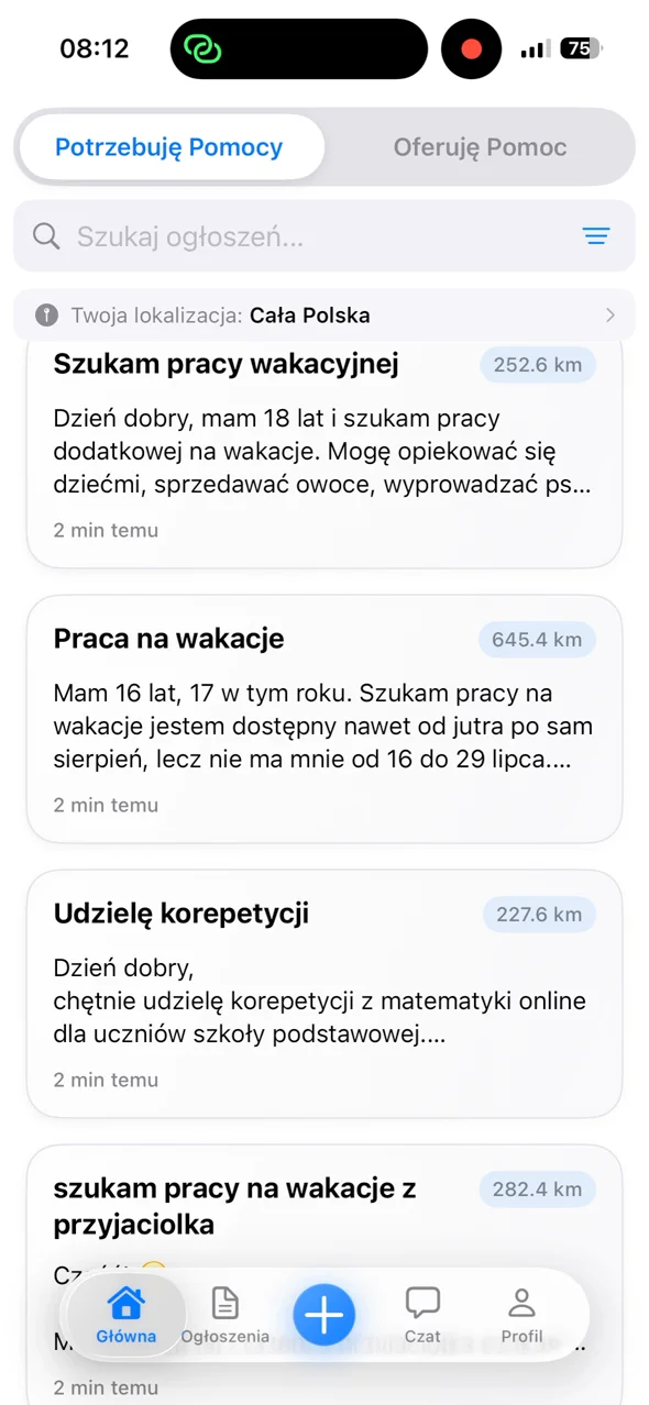 Aplikacja Helpi — lista ogłoszeń Potrzebuję / Oferuję Pomoc z dystansem, demo wideo